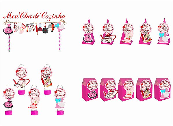 Kit Festa Chá de Cozinha pink 46 peças (15 pessoas) cone milk