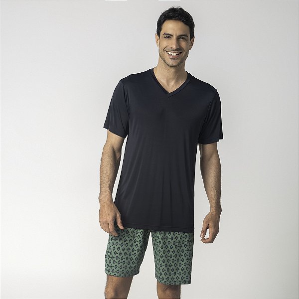 Pijama Masculino Curto Étnico Verde e Preto