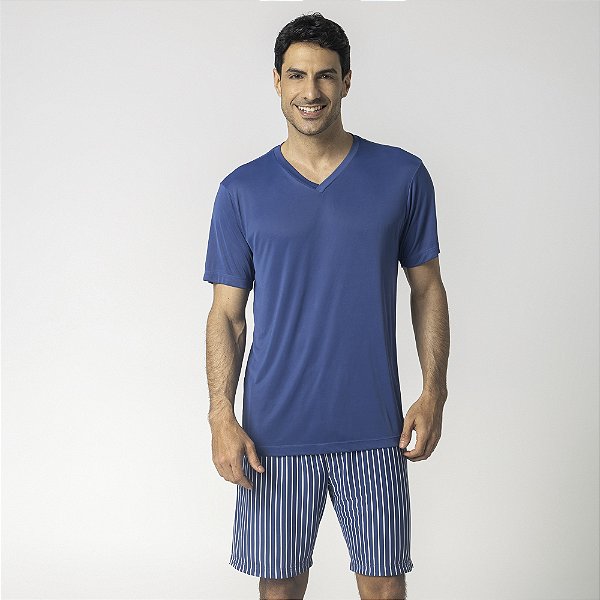 Pijama Masculino Curto Listrado Azul Atalaia