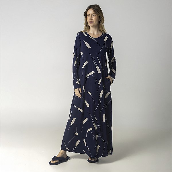 Kaftan Feminino Longo Meteorito Marinho com Bolso