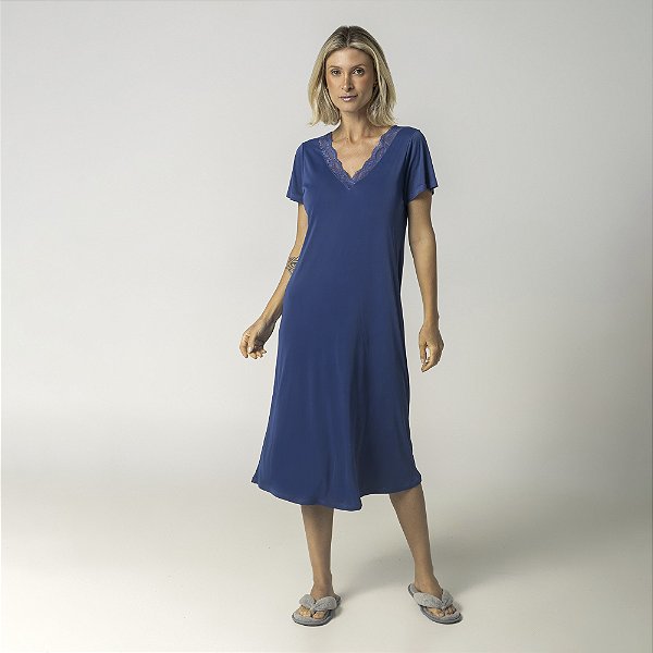 Camisão Feminino Midi Azul Atalaia com Renda