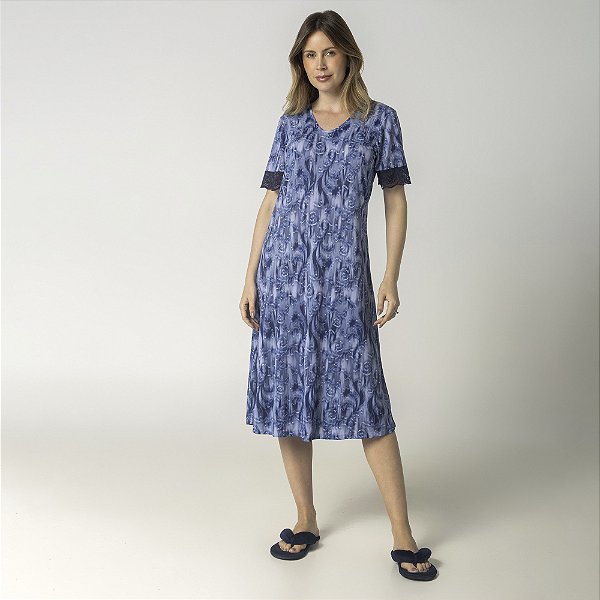 Camisão Feminino Midi Azul Organique com Renda