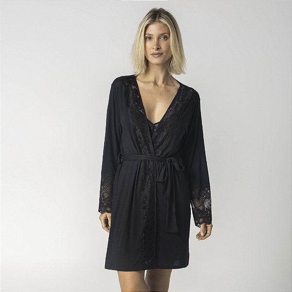Robe Feminino Curto Tricot Preto com Renda