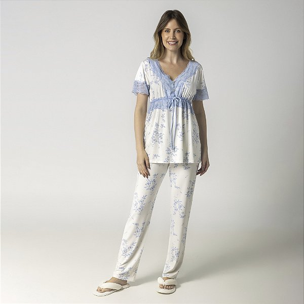 Pijama Feminino Gestante Branco Blosson Blue