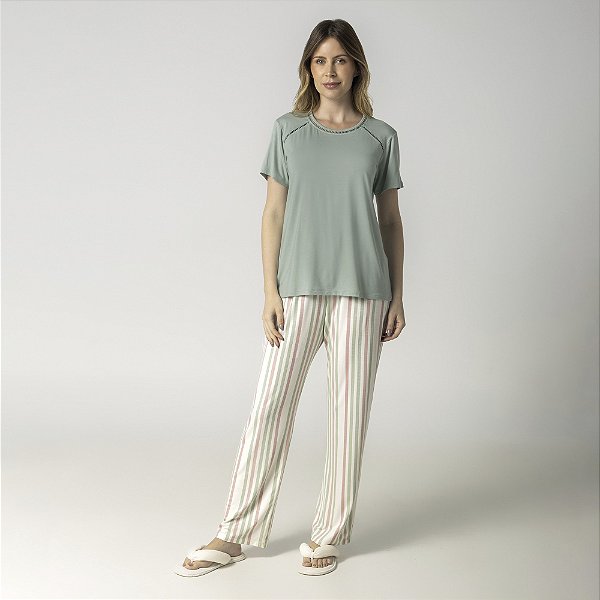 Pijama Feminino Manga Curta Listra Provence e Verde