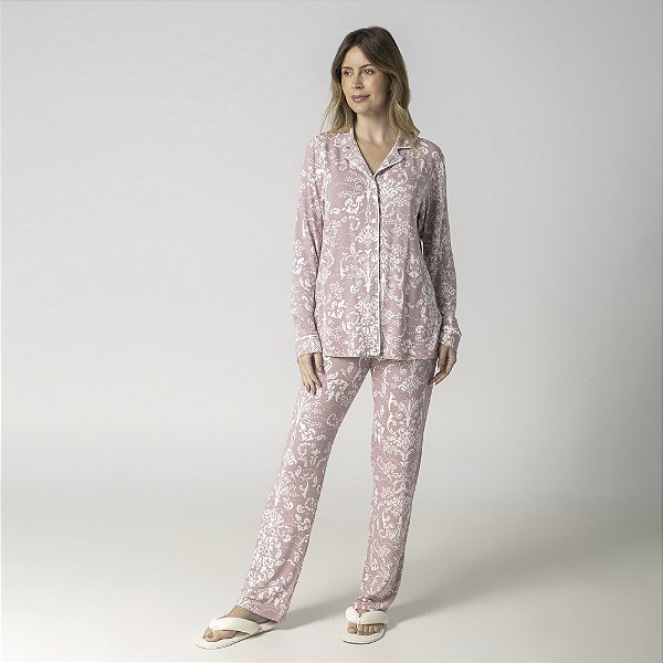 Pijama Feminino Longo Aberto Rosê Art Nouveau