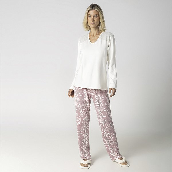 Pijama Feminino Longo Rosê Art Nouveau com Renda