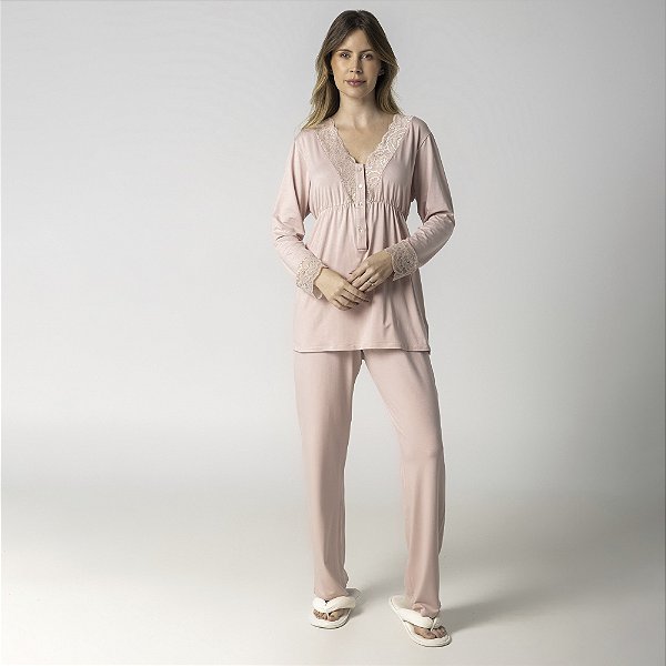 Pijama Feminino Longo Gestante Rosa Suave