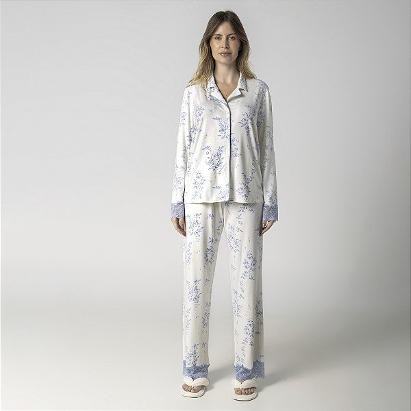 Pijama Feminino Longo Aberto Branco Blosson Blue