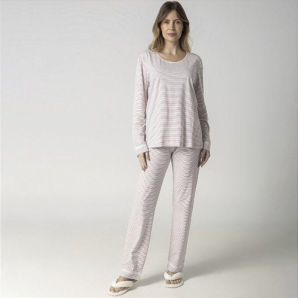 Pijama Feminino Longo Listrado Rosê Merlot