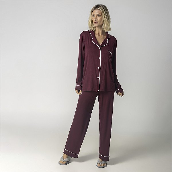 Pijama Feminino Longo Aberto Bordô