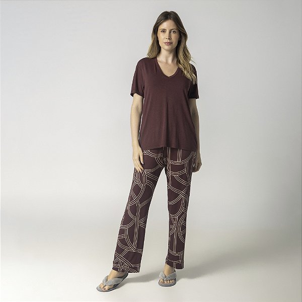 Pijama Feminino Manga Curta Sacre Bordô