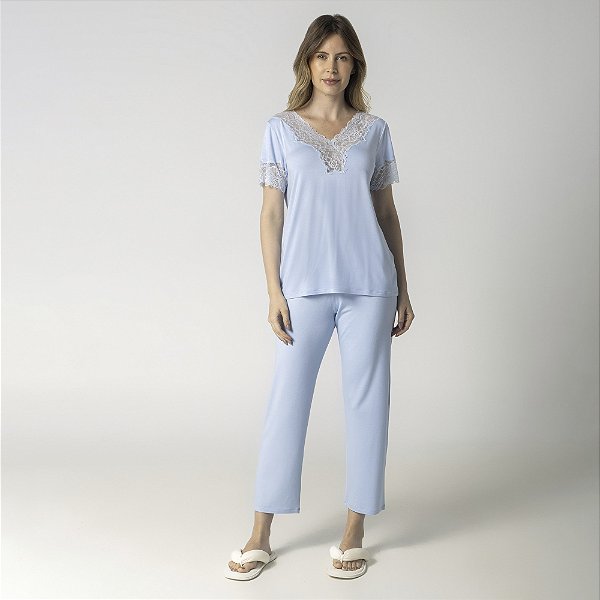 Pijama Feminino Capri Azul Claro com Renda