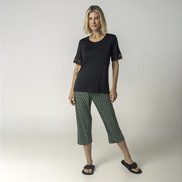 Pijama Feminino Capri Étnico Verde e Preto