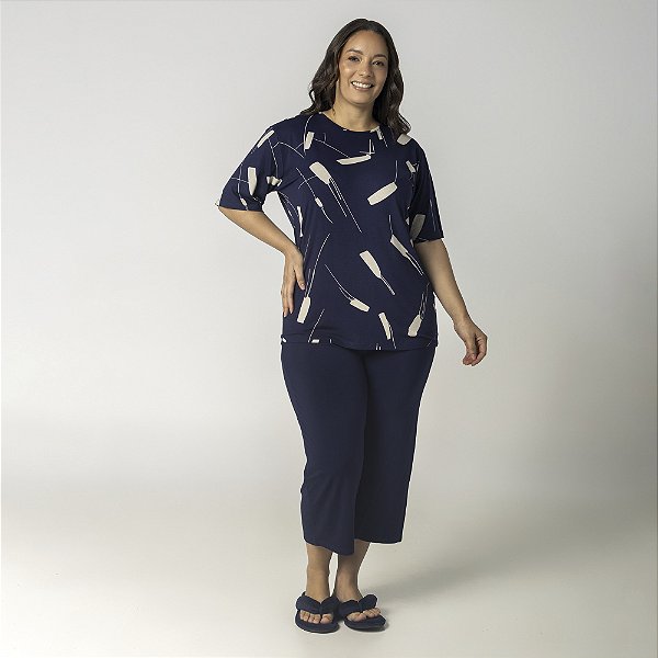 Pijama Feminino Capri Plus Size Meteorito Marinho