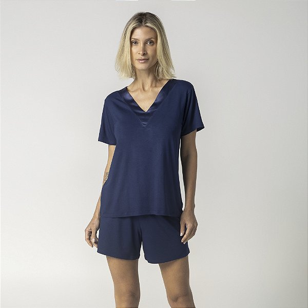 Pijama Feminino Curto Marinho com Cetim