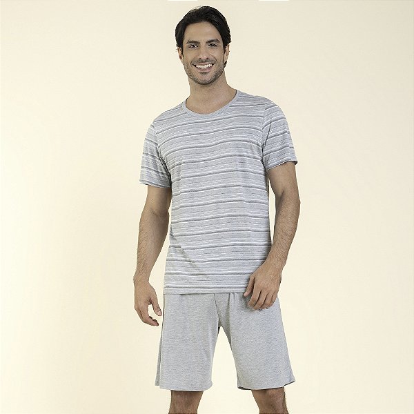 Pijama Masculino Curto Visco Listrado Mescla Claro