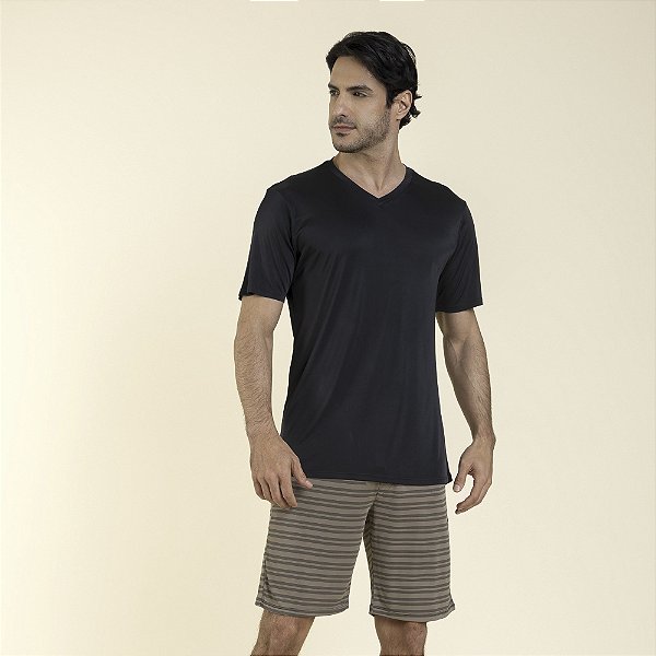 Pijama Masculino Curto Poliamida Listrado Caqui