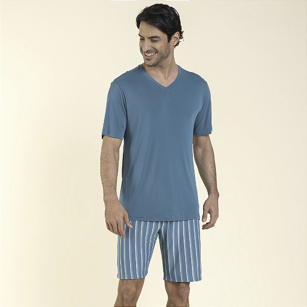 Pijama Masculino Curto Poliamida Listrado Verde