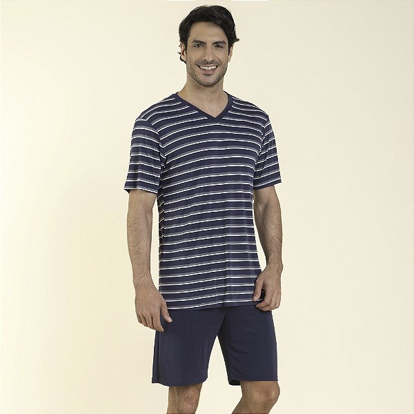 Pijama Masculino Curto Poliamida Listrado Marinho