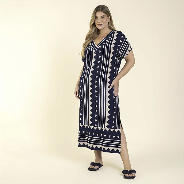 Kaftan Feminino Longo Plus Size Geometric Marinho