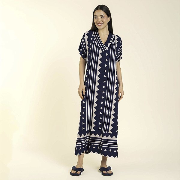 Kaftan Feminino Longo Geometric Marinho