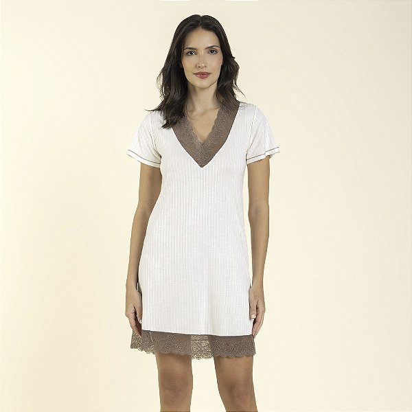 Camisão Feminino Canelado Off White com Renda