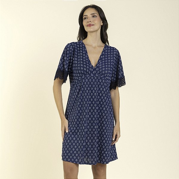 Kaftan Feminino Curto Poliamida Gravataria Marinho com Renda