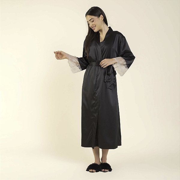 Robe Feminino Longo Cetim Dull Preto com Renda