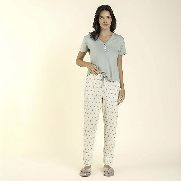 Pijama Feminino com Camiseta Henley Curta Poá Green
