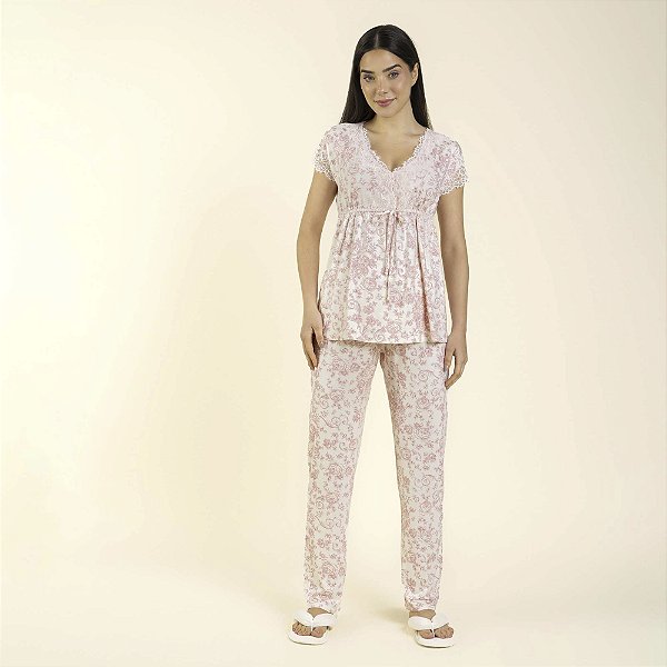 Pijama Feminino Gestante Roses com Renda