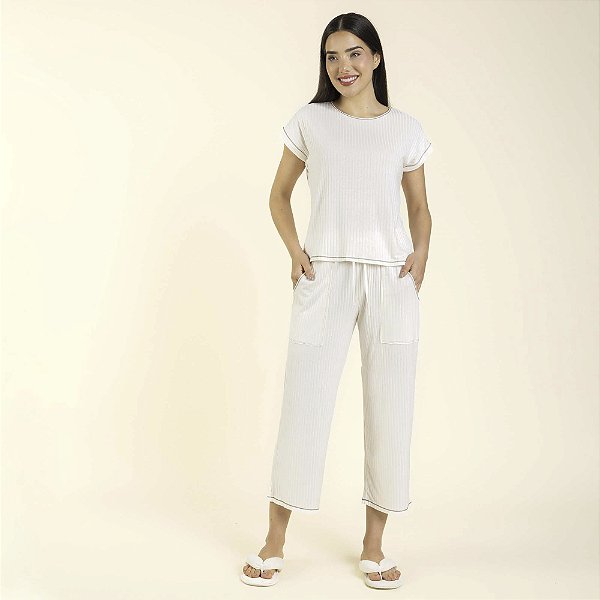 Pijama Feminino Capri Canelado Off White com Bolso