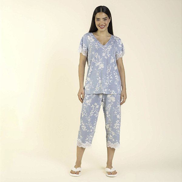Pijama Feminino Capri Floral Azul Delicate