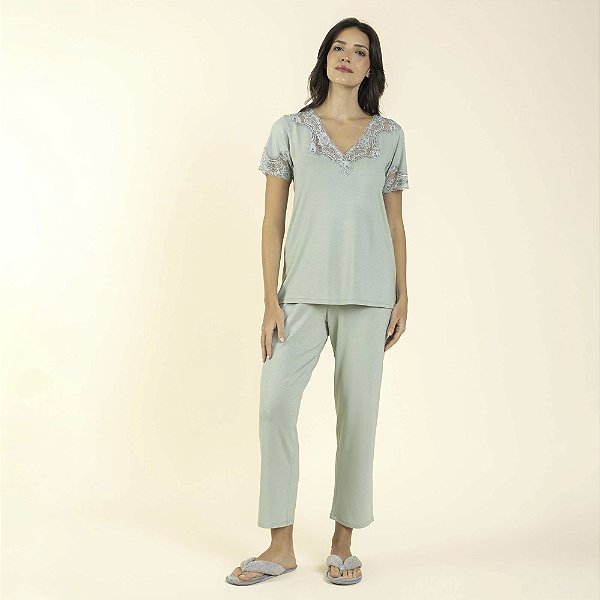 Pijama Feminino Capri Verde Mint com Renda