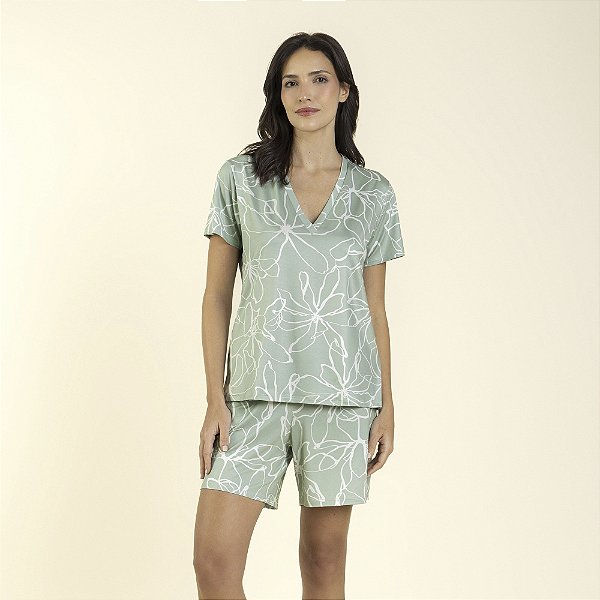Pijama Feminino Curto Gola V Filete Green