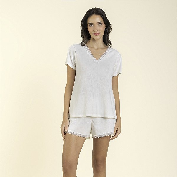 Pijama Feminino Curto Jacquard Off White