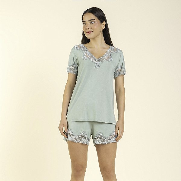 Pijama Feminino Curto Verde Mint com Renda