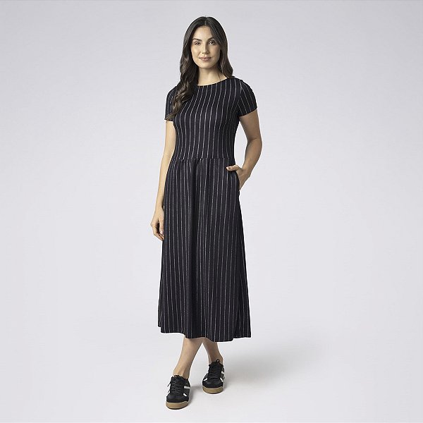 Vestido Midi Balance Style Listrado Preto
