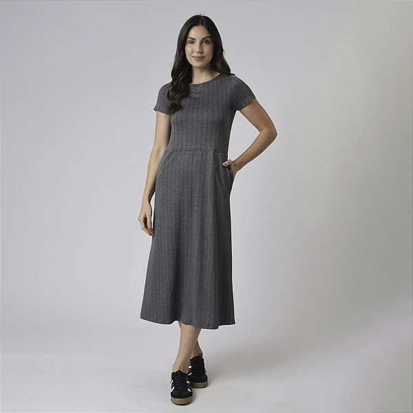 Vestido Midi Balance Style Listrado Cinza