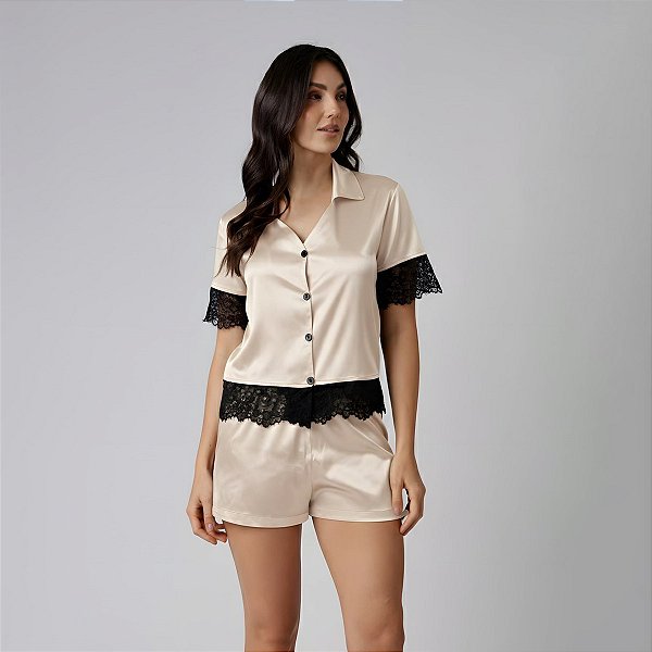 Pijama Feminino Aberto Curto Cremino