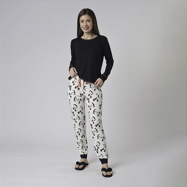 Pijama Feminino Longo Pinguim e Preto