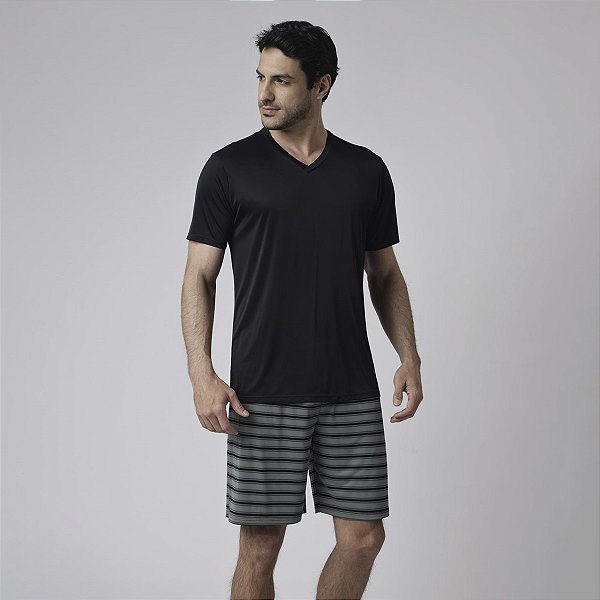 Pijama Masculino Curto Preto e Listrado Verde Teos