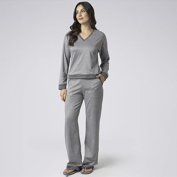 Pijama Feminino Longo Cinza Mescla