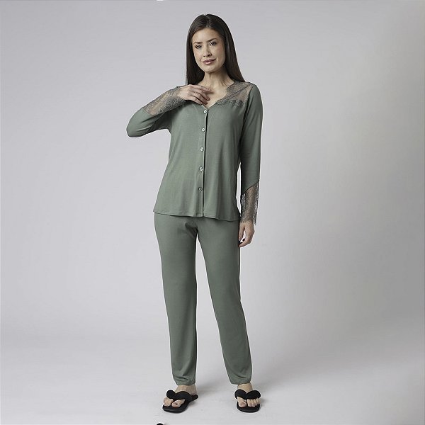 Pijama Feminino Aberto Longo Verde
