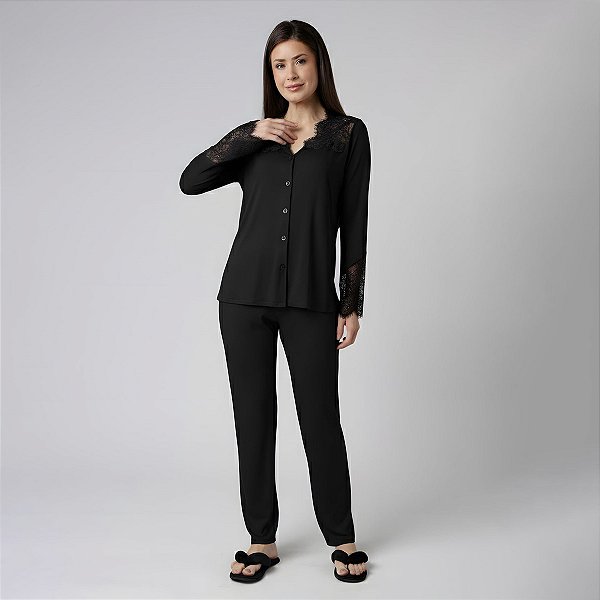 Pijama Feminino Aberto Longo Preto