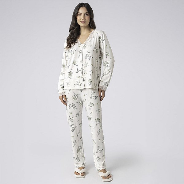 Pijama Feminino Aberto Longo Floral Botânica