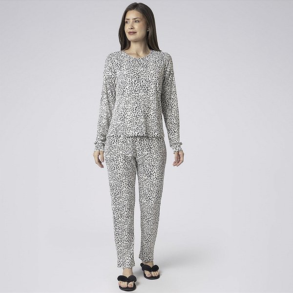Pijama Feminino Longo Onça Preto e Branco