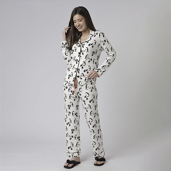 Pijama Feminino Longo Aberto Pinguim