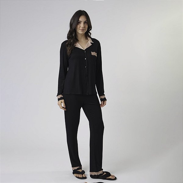 Pijama Feminino Aberto em Visco Maquinetada Preto