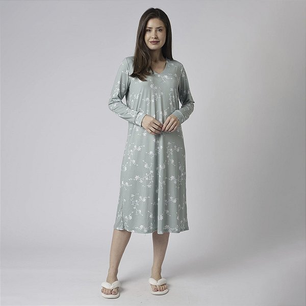 Camisão Feminino Midi Manga Longa Floral Green